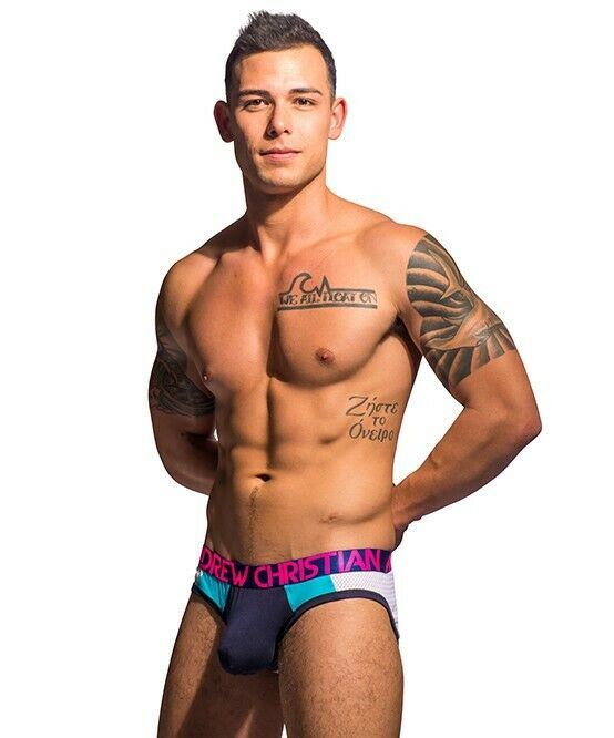 Small Andrew Christian Brief Racer Mesh Briefs Slip Navy Aqua 90700 20