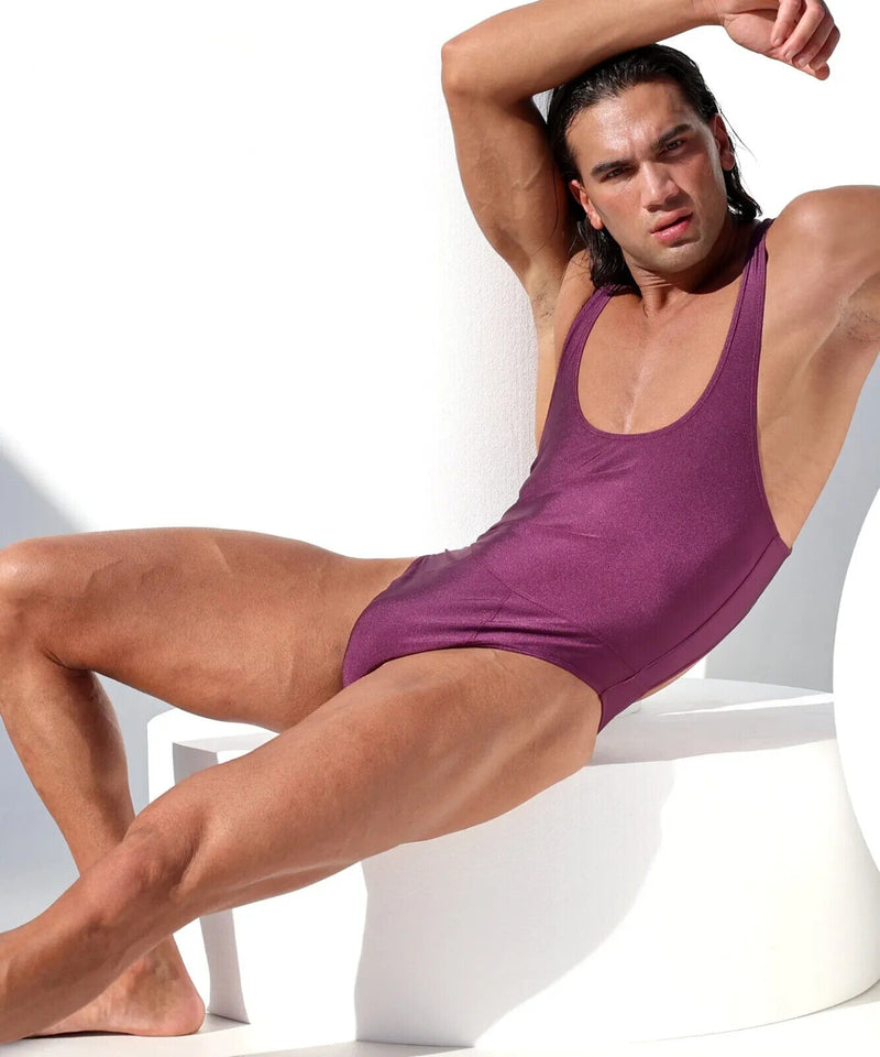 RUFSKIN Swim Brief Bodysuit OLYMPIC Singlet Swimwear Cut-Out Back Purple Plum 38