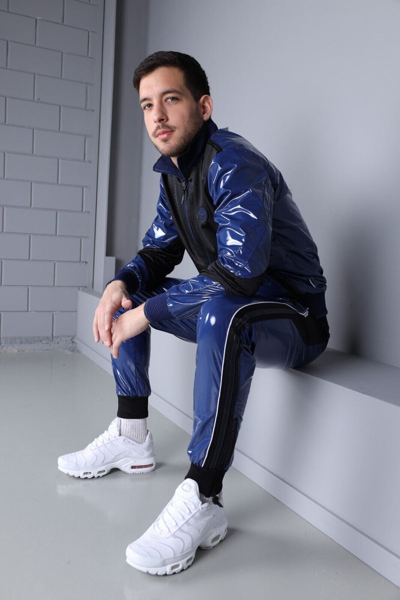 MR. RIEGILLIO Shiny PVC  24 Tracksuit Pants Glossy Blue R1042