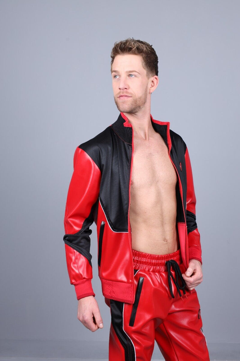 MR. RIEGILLIO Vegan Leather Jacket 24 Tracksuit Crew Collar Red R1027