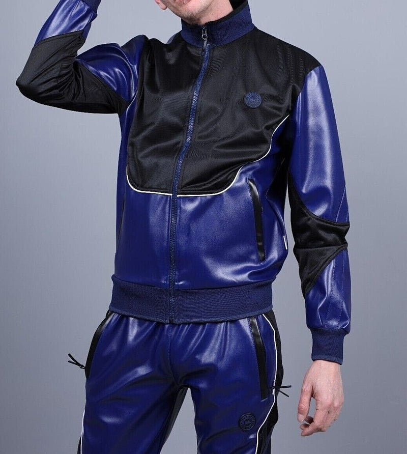 MR. RIEGILLIO Vegan Leather Jacket Tracksuit 24 Crew Collar in Blue R1039