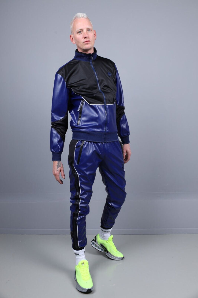 MR. RIEGILLIO Vegan Leather Jacket Tracksuit 24 Crew Collar in Blue R1039