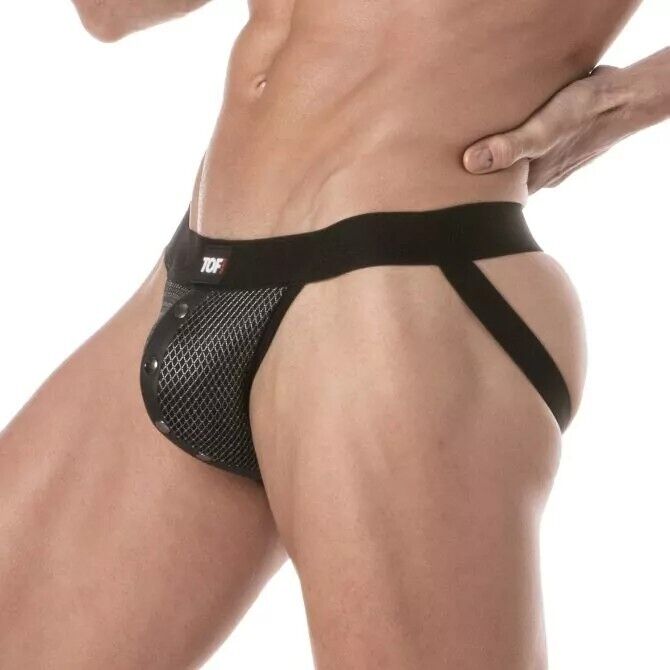 TOF PARIS 3D Snap Jockstraps Breathable Mesh Fitted Front Pocket Black/Grey 91