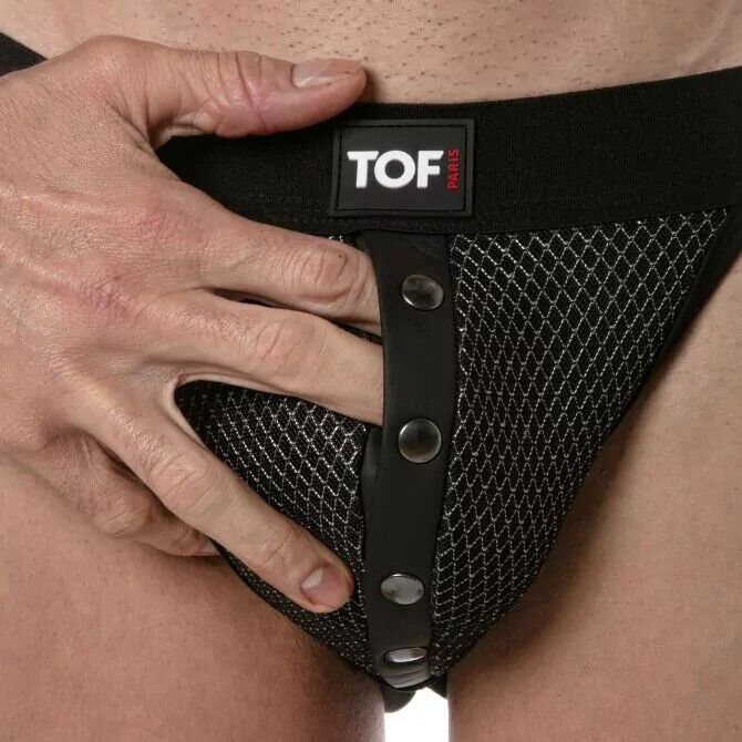 TOF PARIS 3D Snap Jockstraps Breathable Mesh Fitted Front Pocket Black/Grey 91