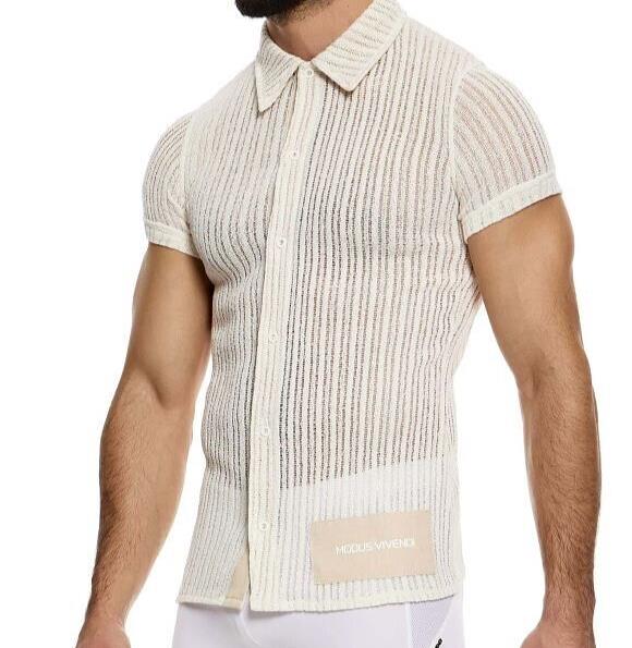 MODUS VIVENDI Muscle Fit Striped Crochet Shirt Knitted Chemise Natural 07441