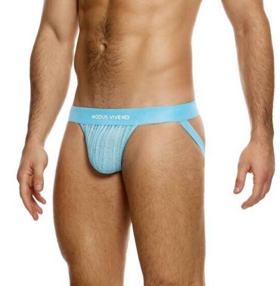 MODUS VIVENDI Stretch Jock Striped Crochet Knitted Jockstrap in Light Blue 07412