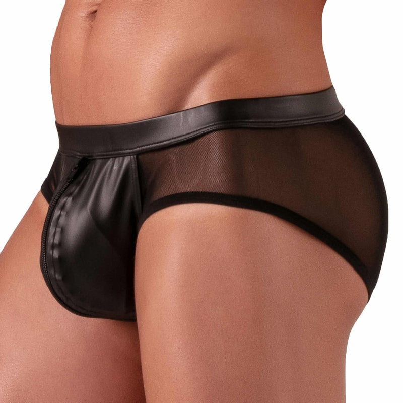 Absolu Male by TOF Rebel Zipped Briefs Mesh in Faux-Leather Black 2
