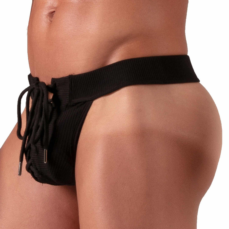 Absolu Male Adjustable Laced Thong Low-Rise Soft Ribbed Cotton Black 3