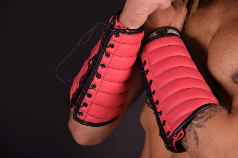 SMU Forearm Pairs Gauntlet Leather Handmade Aviator Laced Guard Wallet Red S/M