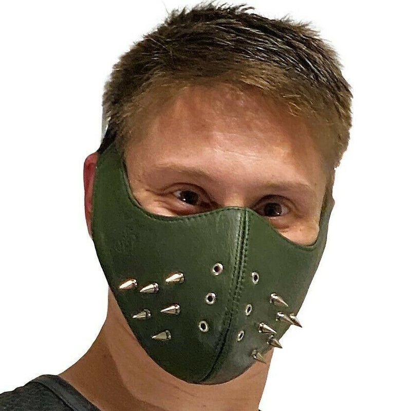 SMU Unisex Canadian Leather Studded Punk Mask in Army Green O/S 1051 3