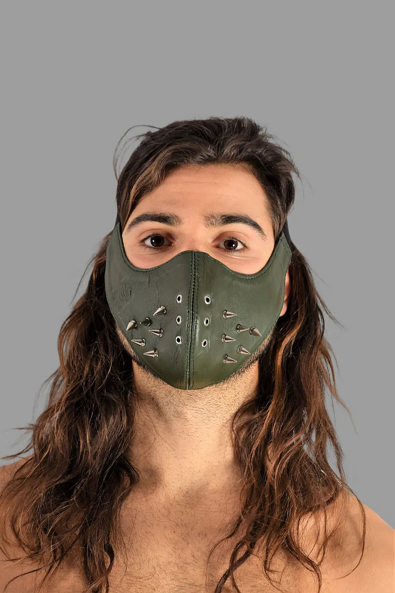 SMU Unisex Canadian Leather Studded Punk Mask in Army Green O/S 1051 3