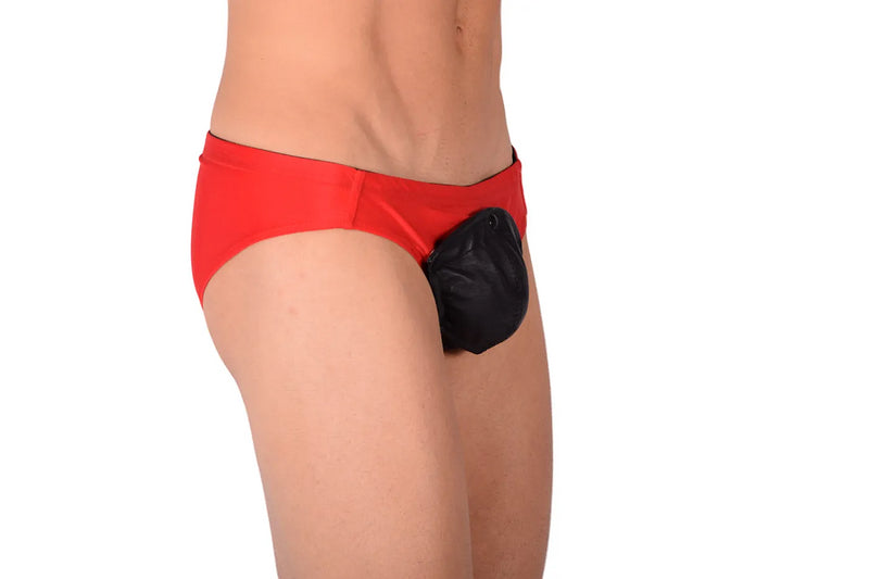 SMALL SMU Rave Peekaboo Removable Black Leather Pouch Brief Red H6