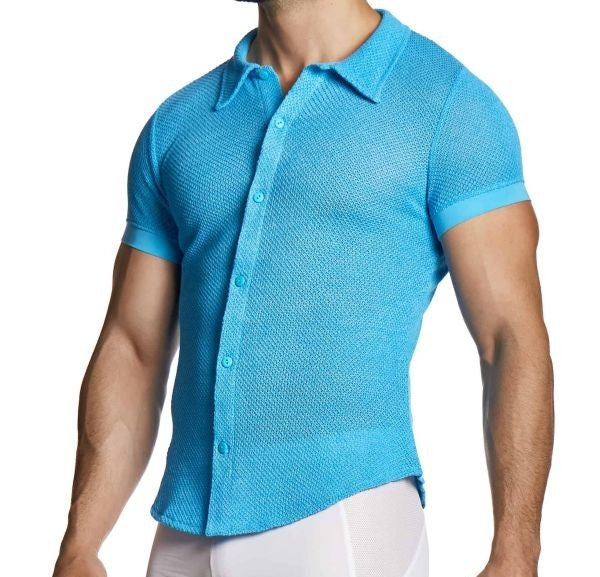 MODUS VIVENDI Micro Crochet Knitted Shirt Muscle-Fit in Blue 22441 B103