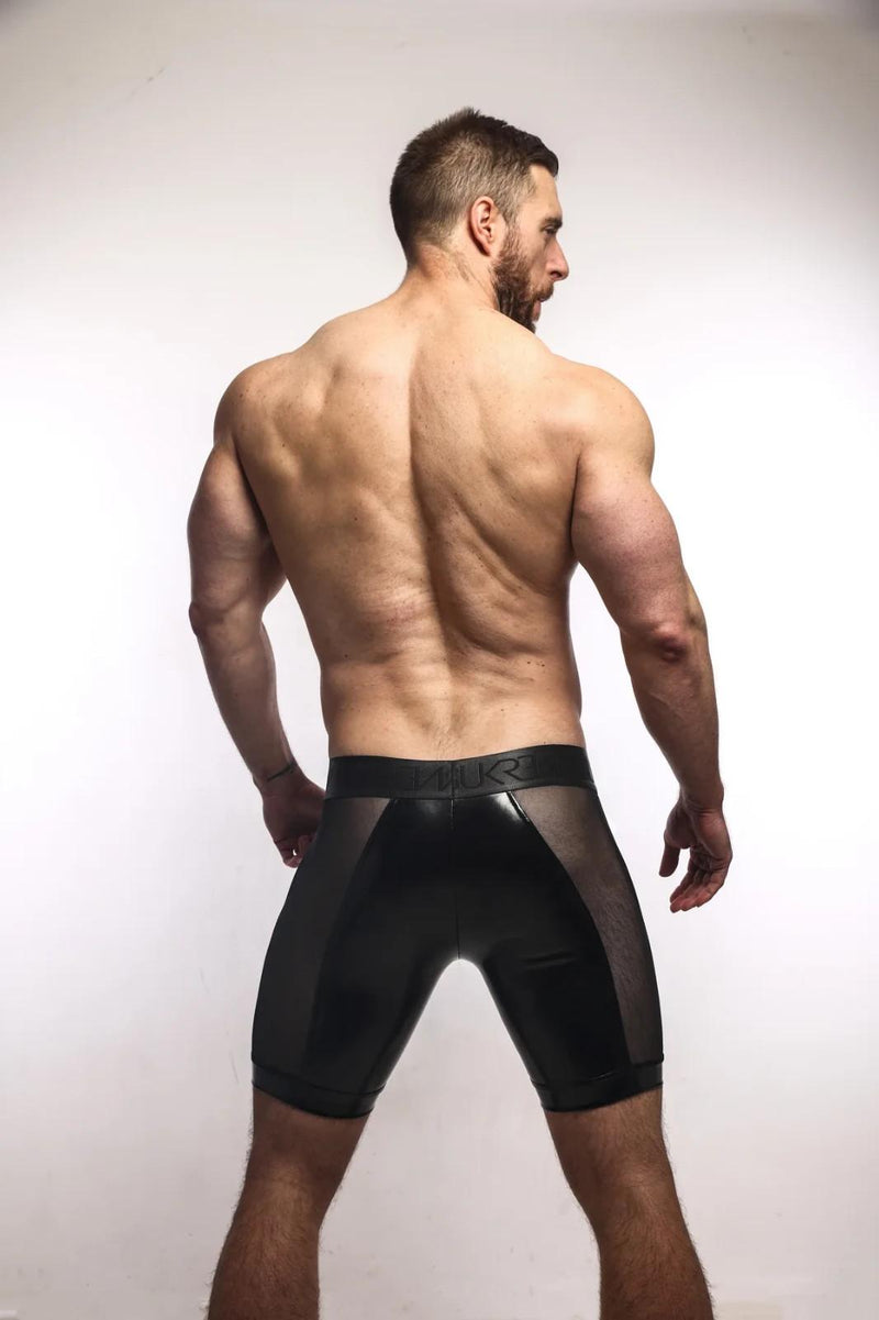 SUKREW Long Boxer Shorts Wet Look Sprint Mesh Sheer Side Panels Fetish Black 36