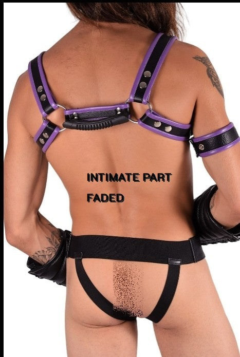 SMU  Adjustable Purple Black Leather Jockstrap and Harness CH32 100502