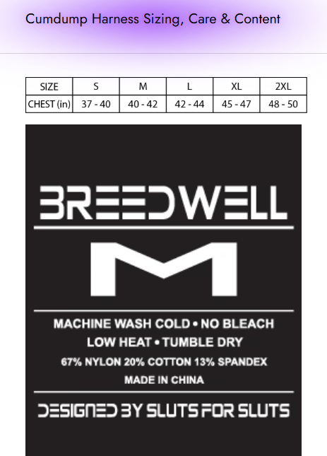Breedwell product label with size chart and care instructions on a white background