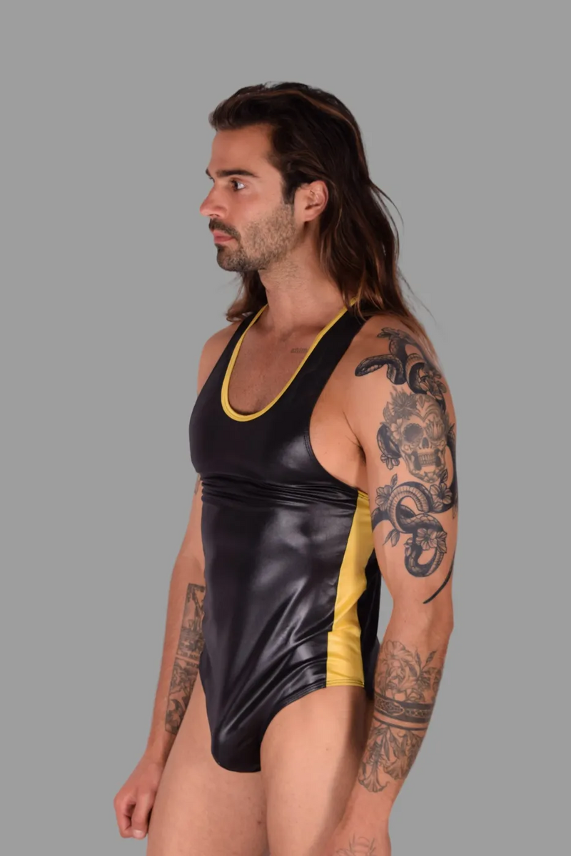 SMU Fashion WETLOOK Bodysuit Sensual Singlet Black Yellow 101 MX21