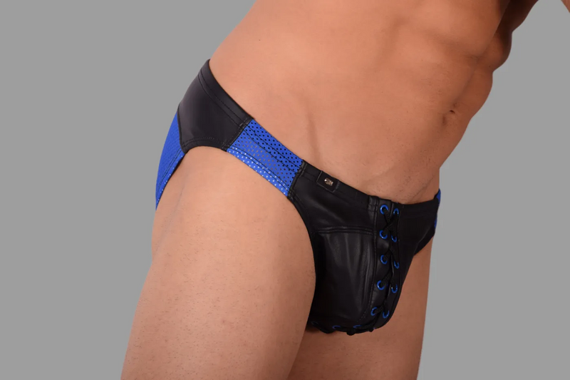 SMU Limited Leather Briefs Eye Grabber Laced-Up Black & Blue P01003 H5