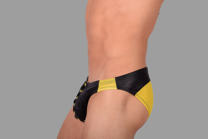SMU Briefs Eye Grabber Luxurious Laced Leather Brief Black & Yellow P01003 H5