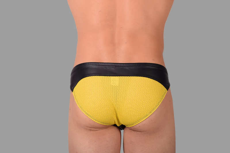 SMU Briefs Eye Grabber Luxurious Laced Leather Brief Black & Yellow P01003 H5