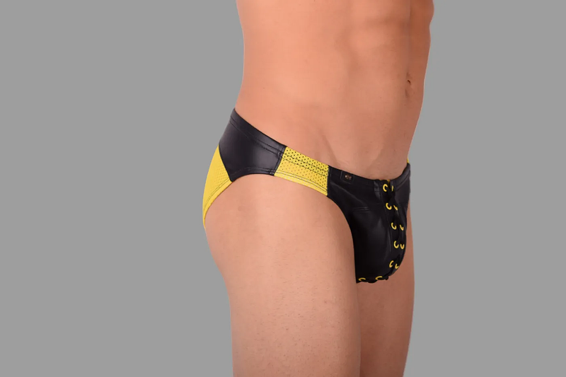 SMU Briefs Eye Grabber Luxurious Laced Leather Brief Black & Yellow P01003 H5