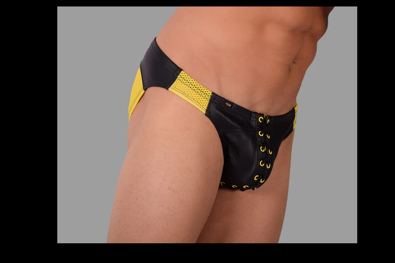 SMU Briefs Eye Grabber Luxurious Laced Leather Brief Black & Yellow P01003 H5