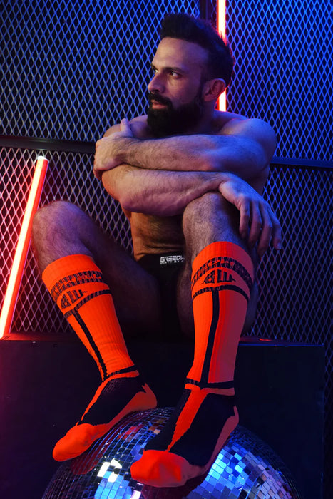 BREEDWELL Knee Socks HYBRED Bold Lined Angled Sock Neon Orange 29