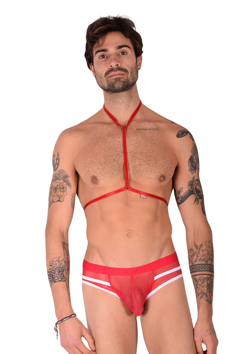 PIKANTE Harness Briefs Low-Rise Stretch Sensual See-Through Brief Red 0495 1