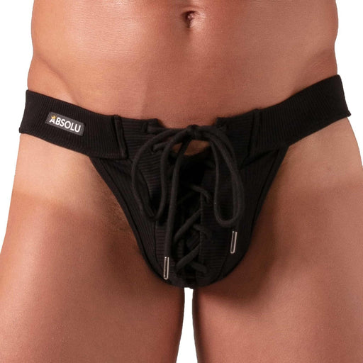 Absolu Male Adjustable Laced Thong Low - Rise Soft Ribbed Cotton Black 32