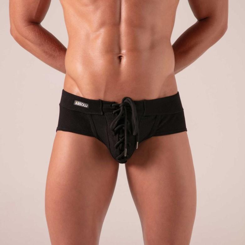 Absolu Male By TOF Laced Briefs Adjustable Soft Ribbed Cotton Black 36