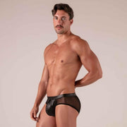 Absolu Male by TOF Rebel Zipped Briefs Mesh in Faux - Leather Black 23