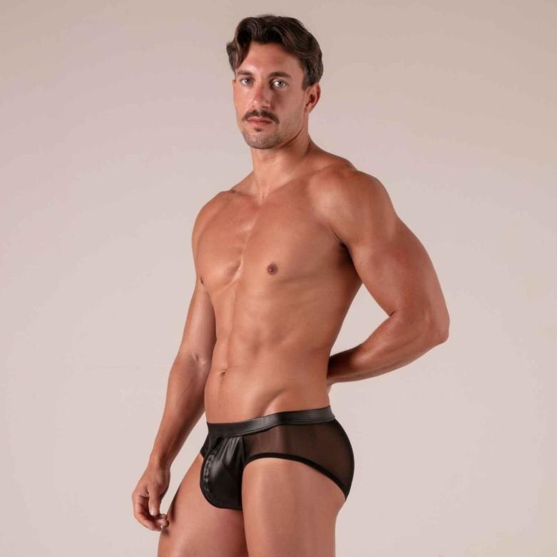 Absolu Male by TOF Rebel Zipped Briefs Mesh in Faux - Leather Black 23