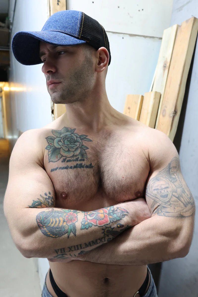 BREEDWELL Cap Loaded Denim Trucker Hat Cooler Mesh in Dark Stonewall Wash1