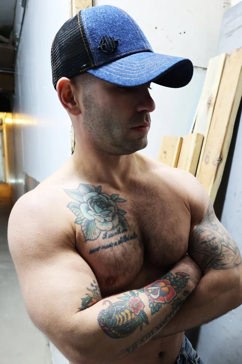 BREEDWELL Cap Loaded Denim Trucker Hat Cooler Mesh in Dark Stonewall Wash2