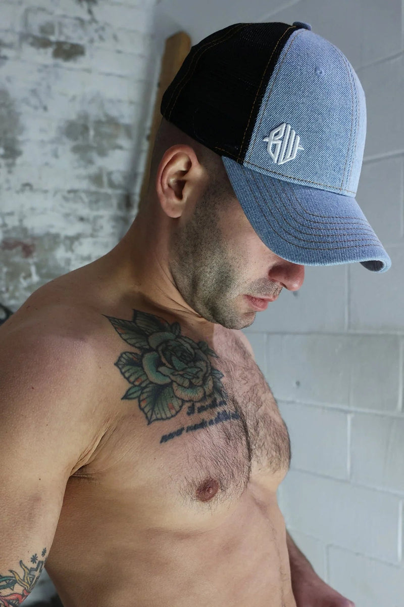 BREEDWELL Cap Loaded Denim Trucker Hat Cooler Mesh in Light Stonewall Wash5