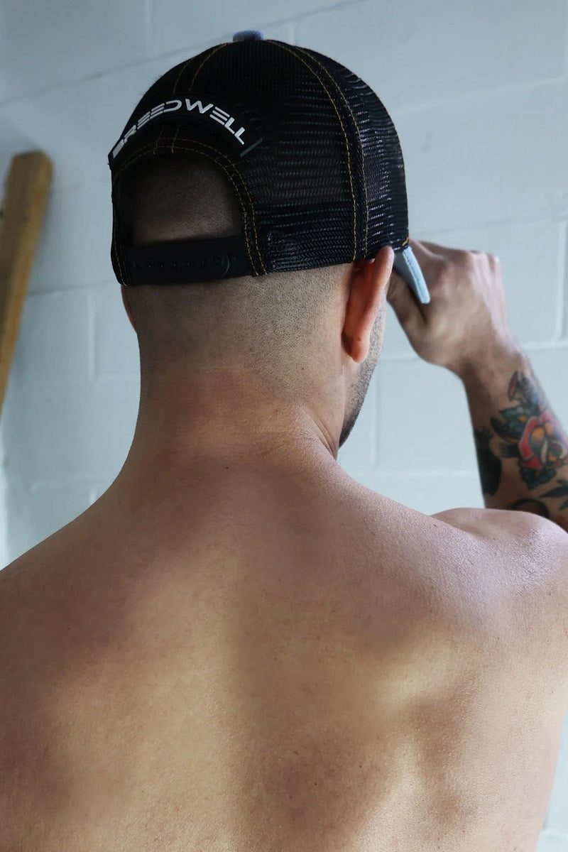 BREEDWELL Cap Loaded Denim Trucker Hat Cooler Mesh in Light Stonewall Wash4