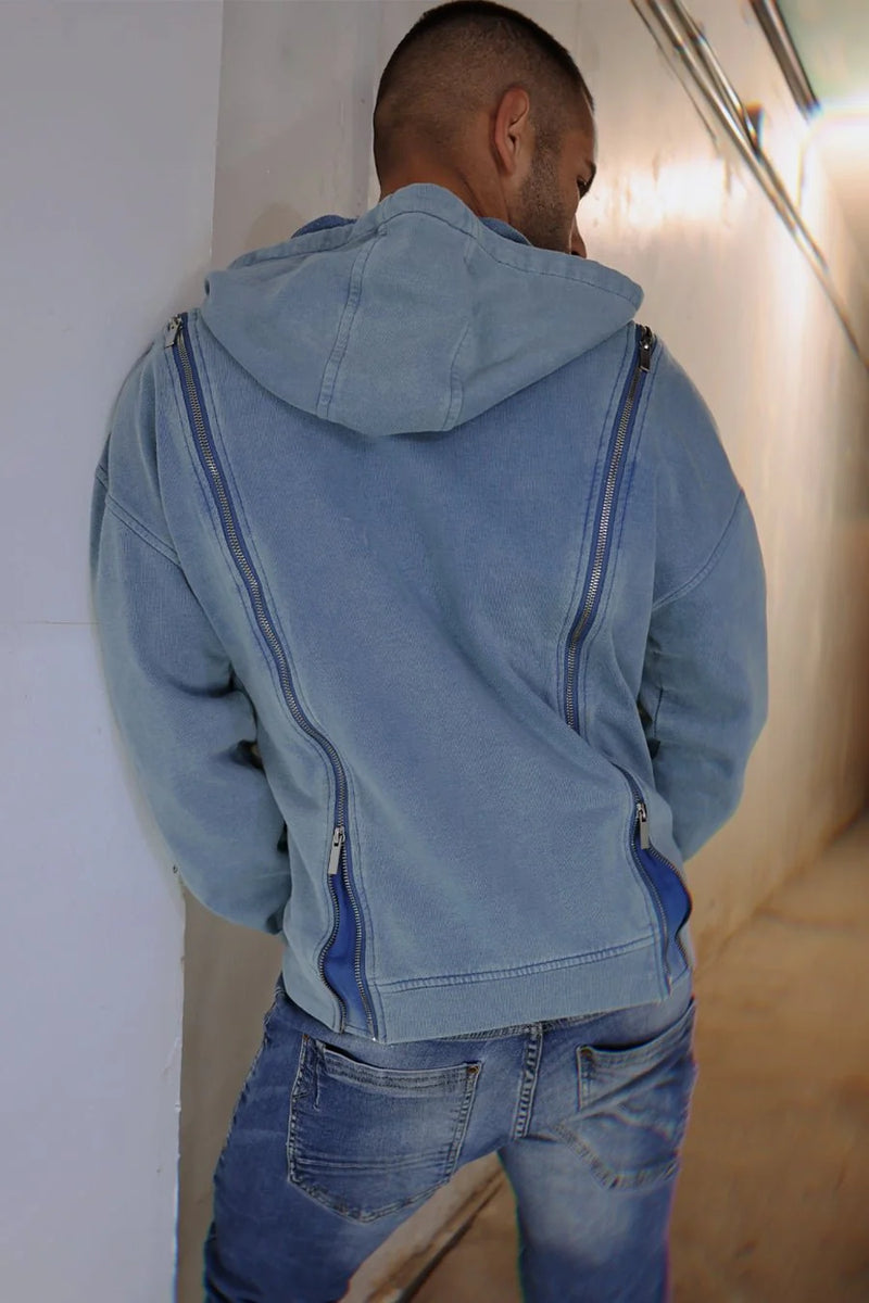 BREEDWELL Darkroom Hoodie Unique Zippers Heavy-Weight Knit Cotton Vest in Indigo