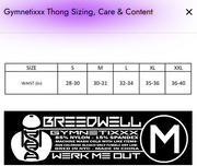 Gymnetixxx thong sizing chart with Breedwell branding