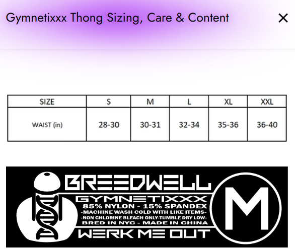 Gymnetixxx thong sizing chart with Breedwell branding