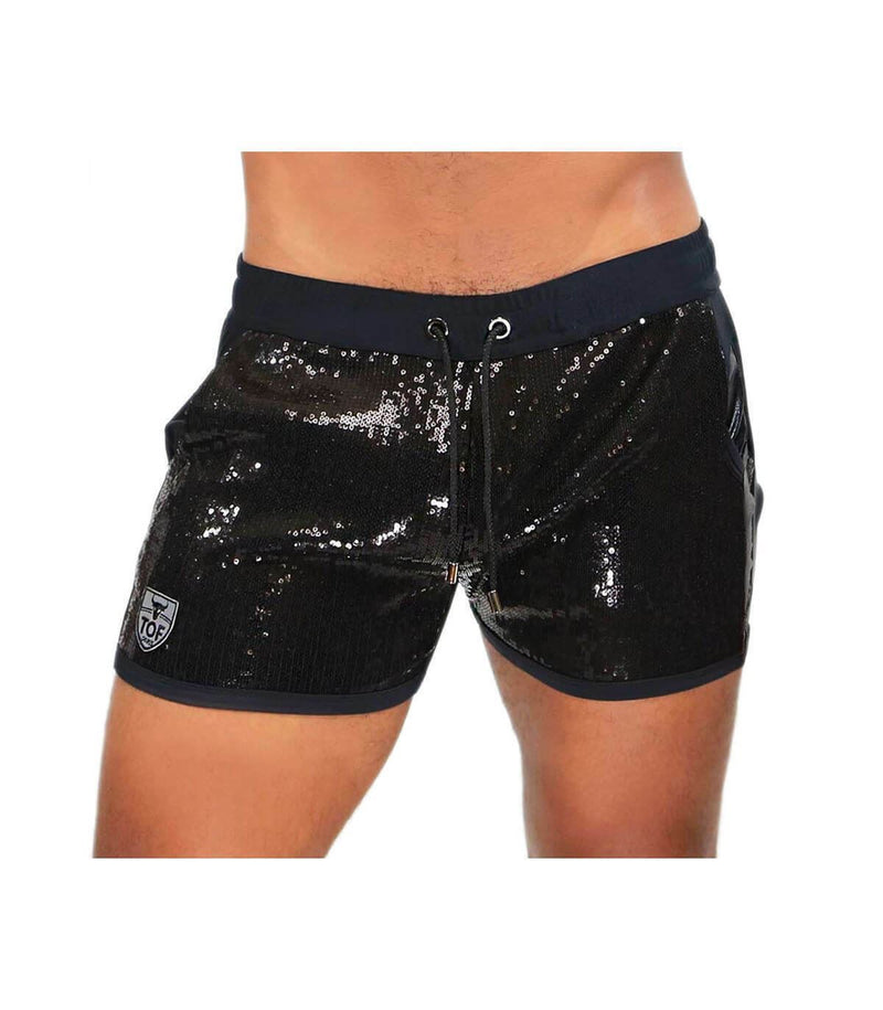 Men Fashion Shorts ''TOF PARIS BROADWAY'' Black Shiny Glitter Rear Pockets 173