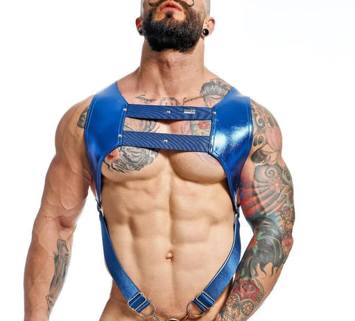 MOB DNGEON Crop Top Harness With C - Ring Faux Leather Blue Mirror DMBL081