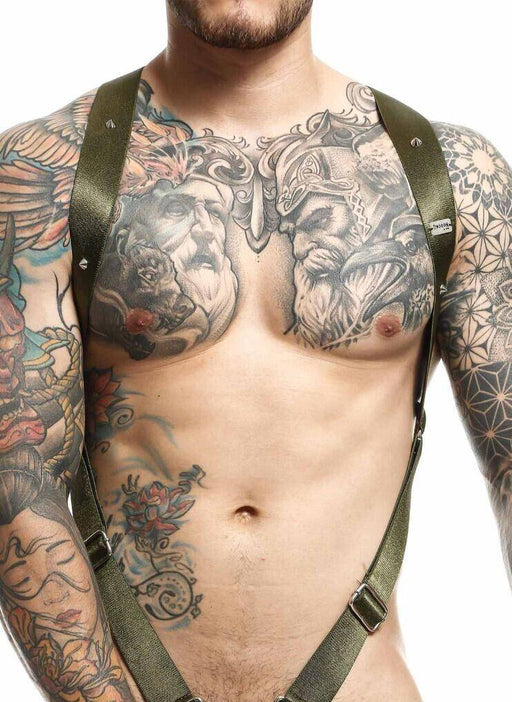 MOB DNGEON Crossback Elastic Harness O - Ring Army Green With C - Ring DMBL05 4 - SexyMenUnderwear.com