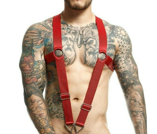 MOB DNGEON Crossback Elastic Harness O - Ring Cherry Red Open Front DMBL05 - SexyMenUnderwear.com