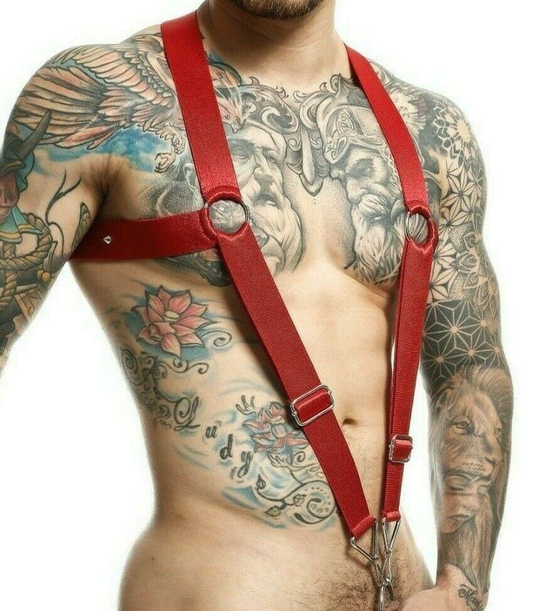 MOB DNGEON Crossback Elastic Harness O - Ring Cherry Red Open Front DMBL05 - SexyMenUnderwear.com