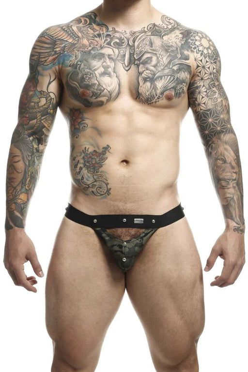 MOB DNGEON Jock Peek - a - Boo Steel Faux - Leather Jockstrap Green Army O/S DMBL04 4 - SexyMenUnderwear.com