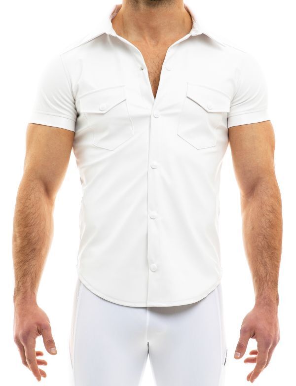 Modus Vivendi Chemise Vegan Leather Muscle Shirt Press Stud Buttons White 20541 B50B3