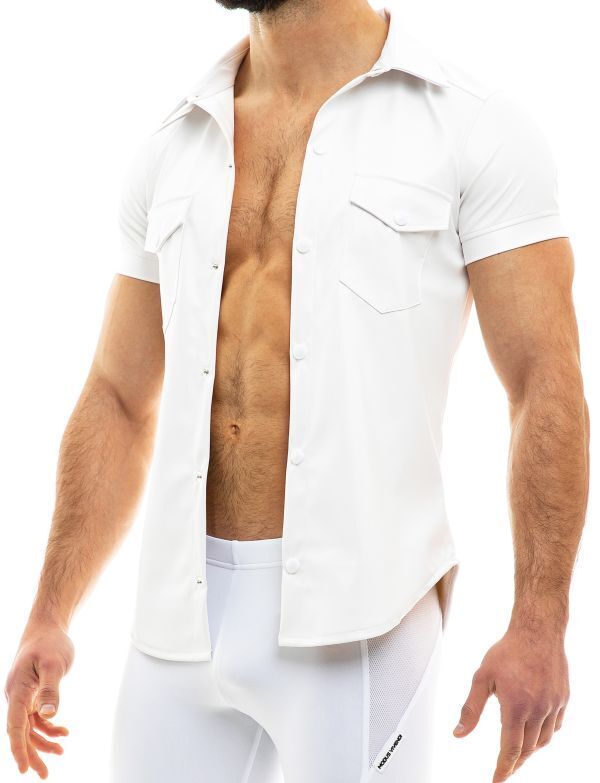 Modus Vivendi Chemise Vegan Leather Muscle Shirt Press Stud Buttons White 20541 B50B4