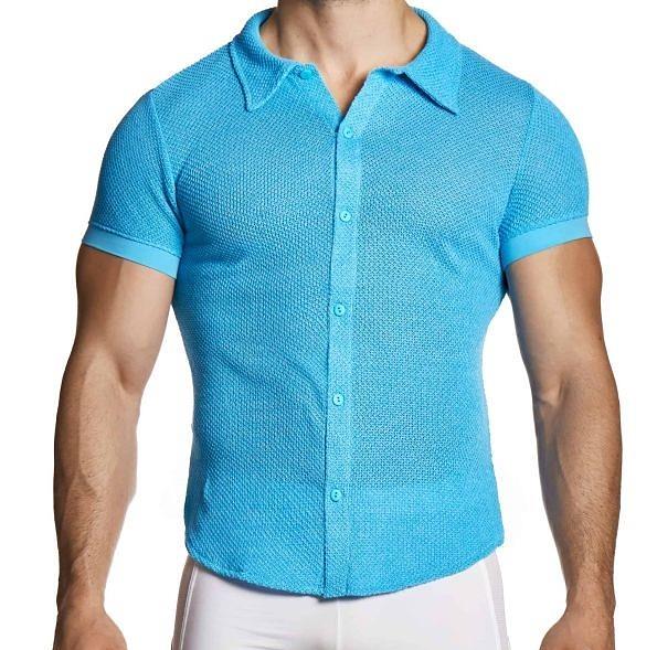 MODUS VIVENDI Micro Crochet Knitted Shirt Muscle - Fit in Blue 22441 B1031