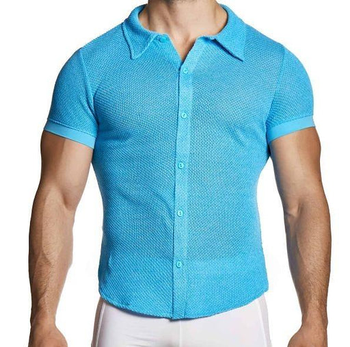 MODUS VIVENDI Micro Crochet Knitted Shirt Muscle - Fit in Blue 22441 B1031