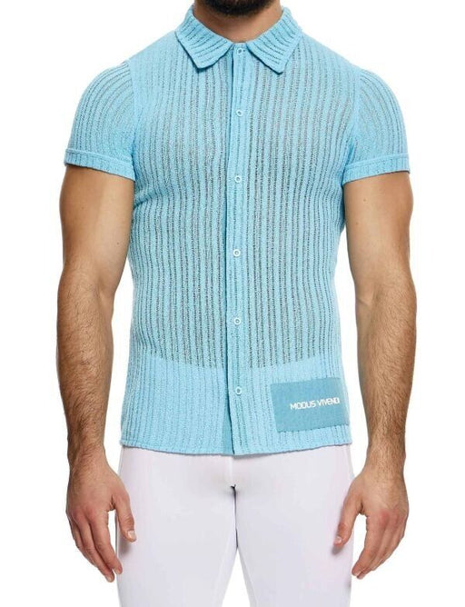 MODUS VIVENDI Muscle Fit Striped Crochet Shirt Knitted Chemise Light Blue 074412